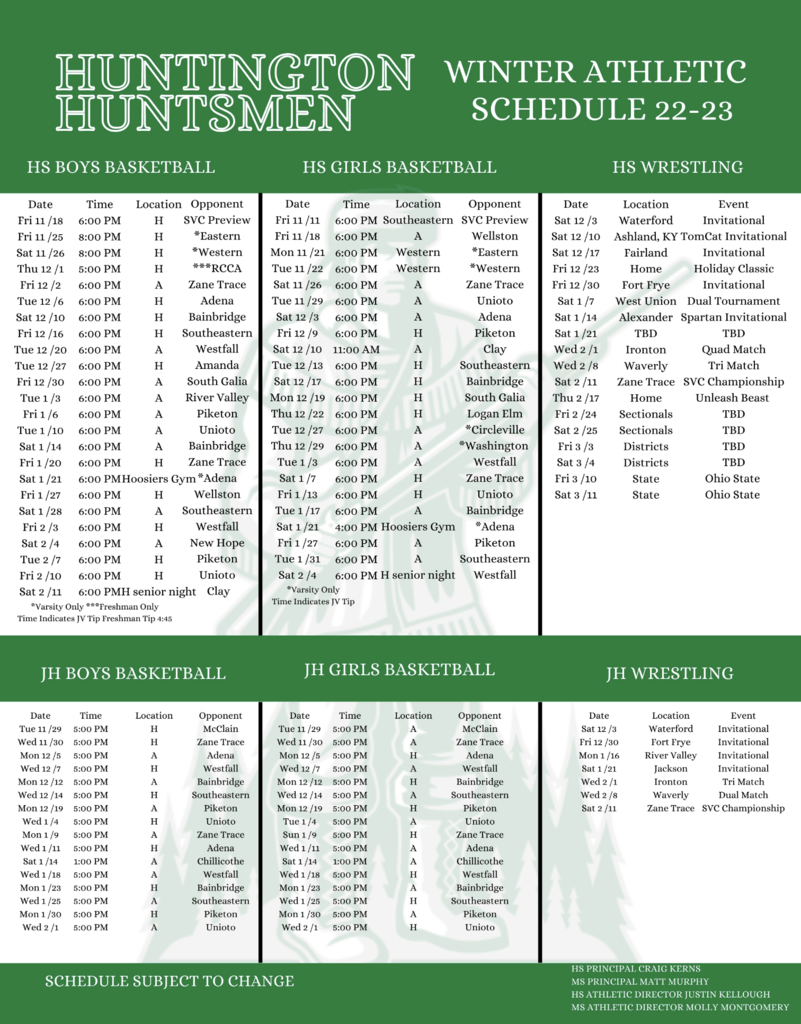 Winter Athletic Schedule